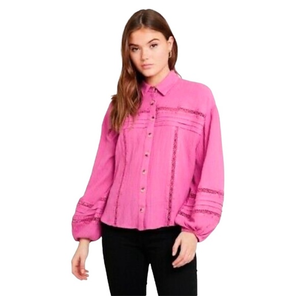 FREE PEOPLE Summer Stars Crochet Trim Boho Purple Pink Fuchsia Blouse Shirt M - Picture 6 of 15